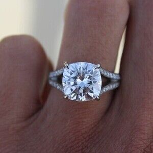 5 Carat Cushion Forever One Moissanite & Diamond Split Shank Engagement Ring, 1…